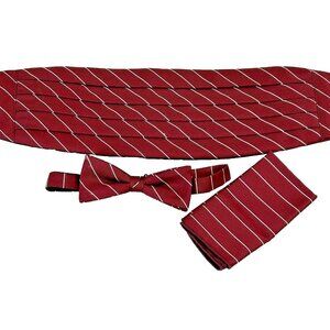 Mel Howard Cummerbund Cumberbund Burgundy Striped Bow Tie Pocket Square Pleat OS